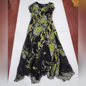 Y2k Omango Black Green Floral Dress Hankerchief Hem Beaded V Neck Cap Sleeve